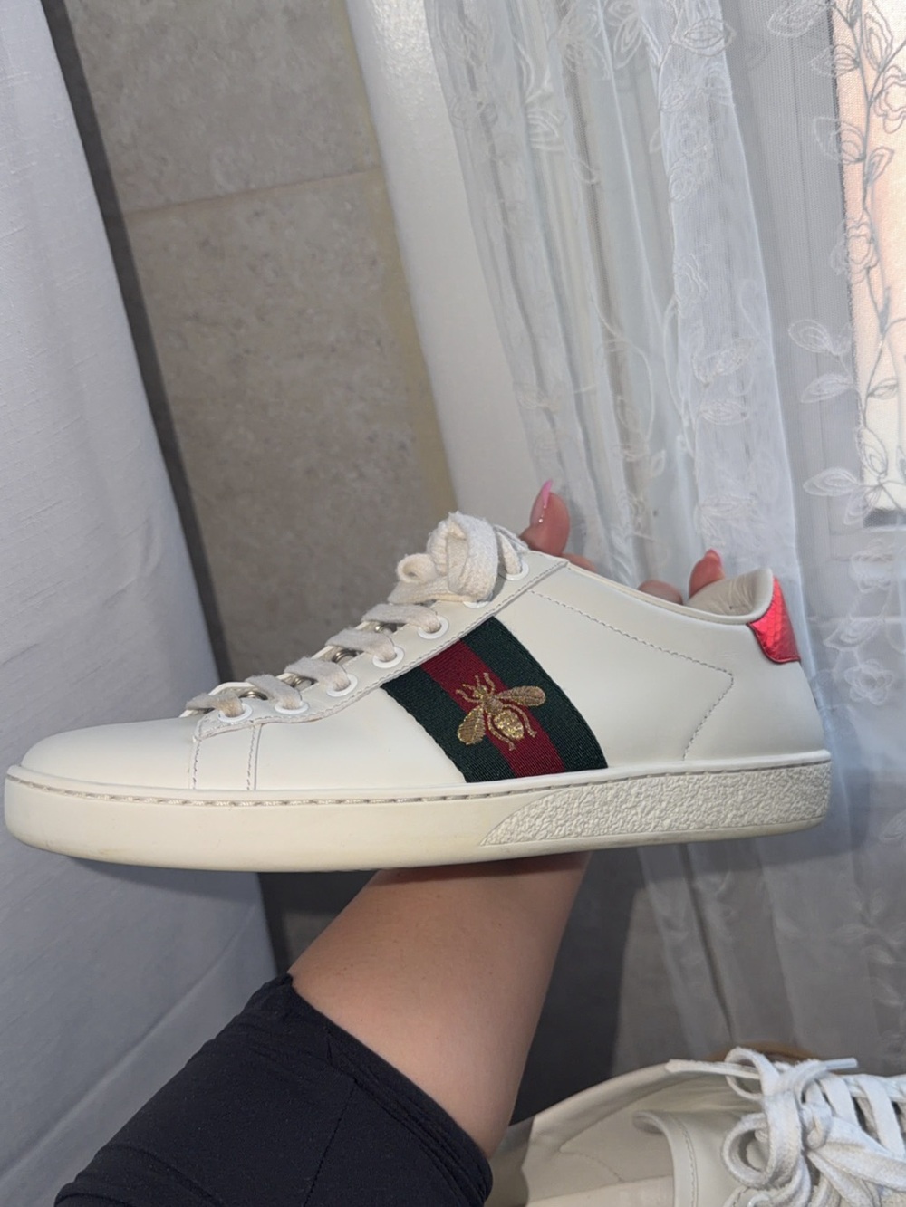 Gucci White Leather Sneaker with Green-Red Stripe and Gold Bee